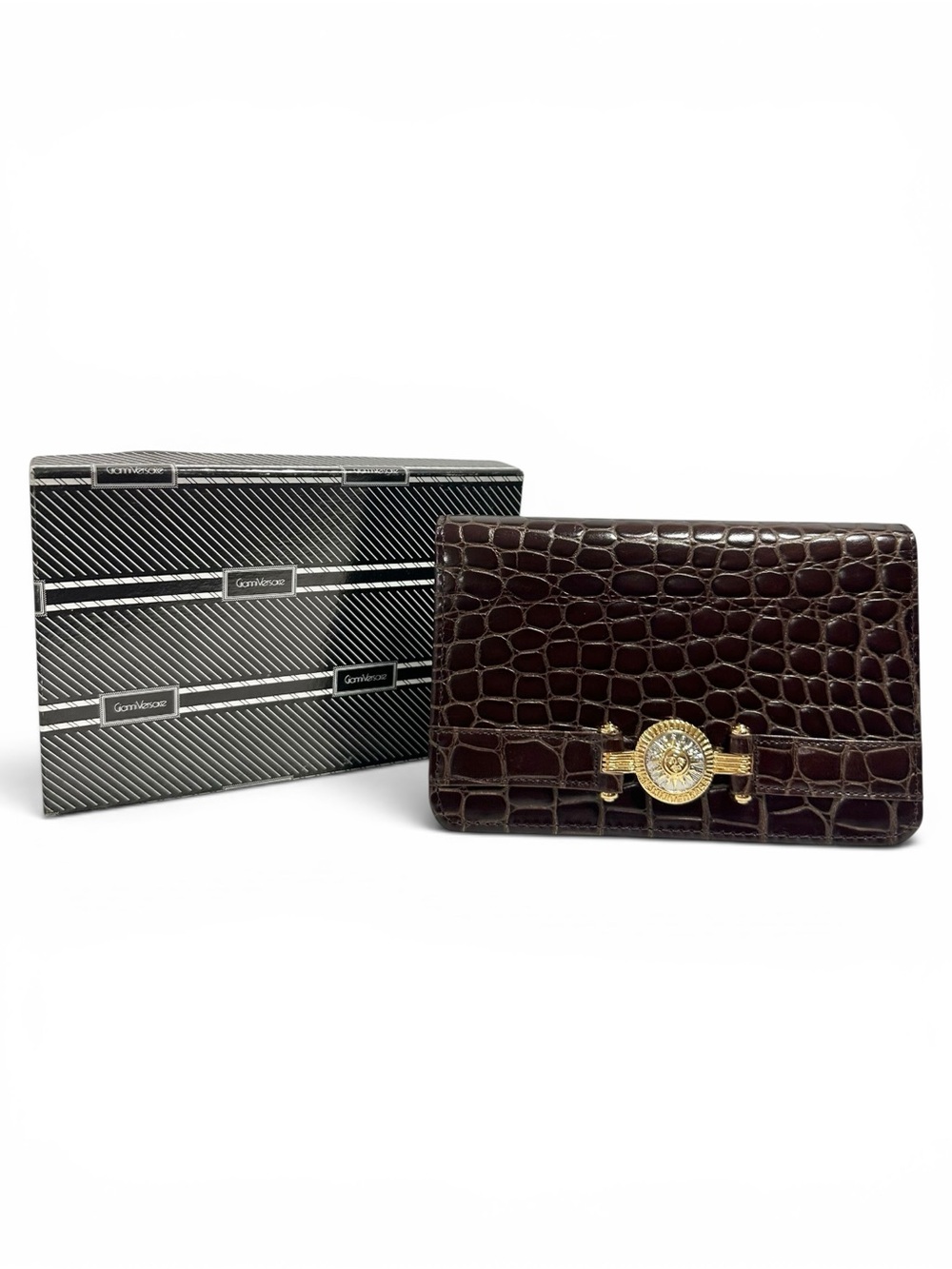 Gianni Versace Brown Croc Embossed Leather Agenda Diary Passport Organizer